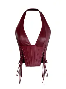 SAMPLEI Y2K Style Backless Tight Bustier Sexy V-Neck PU Leather Slit Rivet Lace-Up