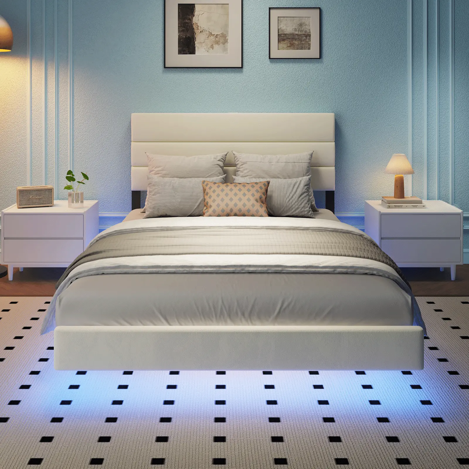 Bed frame platform, LED lights bed with upholstered headboard featuring charging station, mattress foundation with wooden slat support
