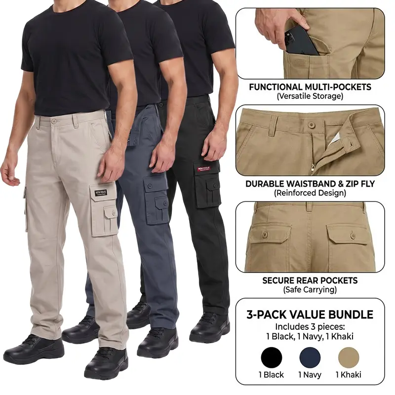 Men's 3-Pack Utility Cargo Pants, Mid Waist Straight Leg Twill Cotton Work Trousers with Button Fly and Multiple Pockets for Hiking, Fabric, Menswear