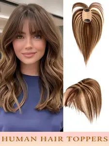 Women's Human Hair Clip-In Bangs,3D Wispy Clip in Bangs Toppers Hairpieces for Women with Thinning Hair Real Human Hair Topper Seamless 360 Degree Cover Upgrade Big Base Women Topper Hand Single Knot Human Hair Toppers Blonde Natural Hair Wigs Center Part