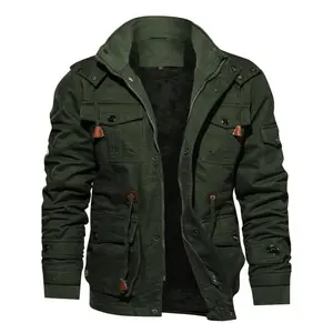 Men's Regular Fit Cotton Military Jacket, Detachable Hood & Fleece Lining, Multiple Cargo Pockets, Casual Chic Fall Winter Outerwear for Streetwear