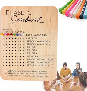 Phase 10 Score Board, 2025 New Wooden Phase 10 Scoreboard and Round Tracker with 8 Colored Pegs, Phase 10 Score Sheets, Board Card Games for Party Family Adults