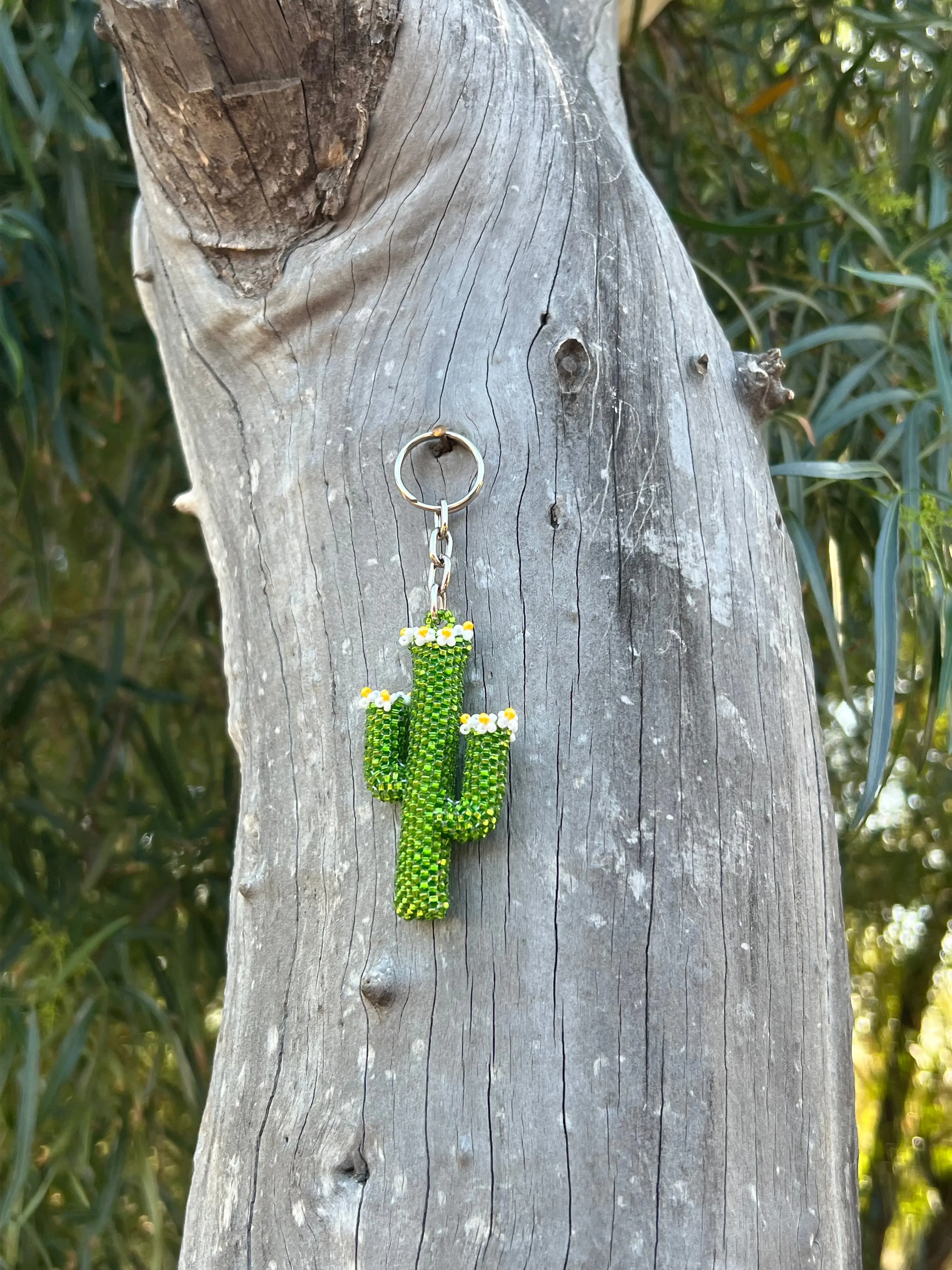 Handmade Beaded Light Green Saguaro Cactus Keychain🌵