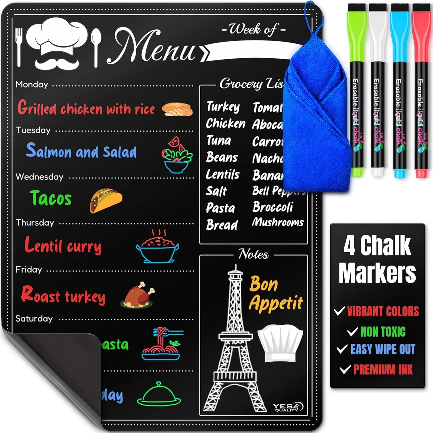 Dry Erase Menu Board for Fridge (16x12) with 4 Chalk Markers & Wiping Cloth - Blackboard Organizer for Menus & Grocery Lists by