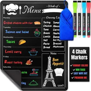 Dry Erase Menu Board for Fridge (16x12) with 4 Chalk Markers & Wiping Cloth - Blackboard Organizer for Menus & Grocery Lists by