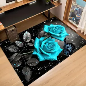 Turquoise Rose & Butterfly Flannel Area Rug - 2D Blue Rose with Water Drop Print Soft Mat for Bedroom & Living Room, Non-Slip Romantic Home Decor #TurquoiseRoseRug #ButterflyDecorMat #RomanticBedroomRug #2DRoseCarpet #NonSlipFlannelRug