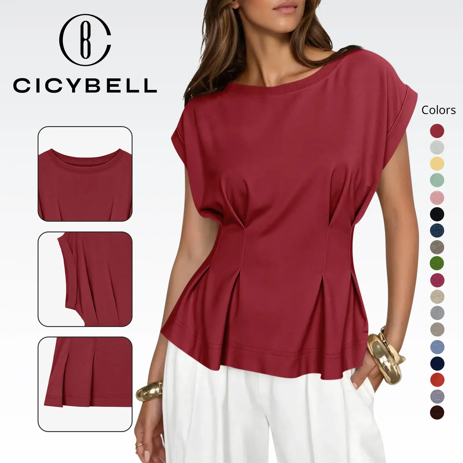 Cicy Bell Womens Peplum Tops Summer Babydoll Cap Sleeve T-Shirts Dressy Casual Crew Neck Pleated Blouses for Business Wear & Summer Outings