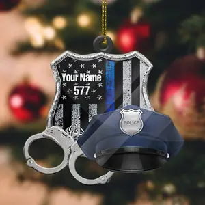 Personalized Name Police Ornaments Police Gifts Police Christmas Ornament Police Vest Bullet Proof Flat Hanging Printed (Badge with Hat)