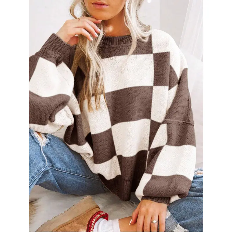 Checkered Brown Bishop Sleeve Elegant Sweater,Long Sleeve Tops