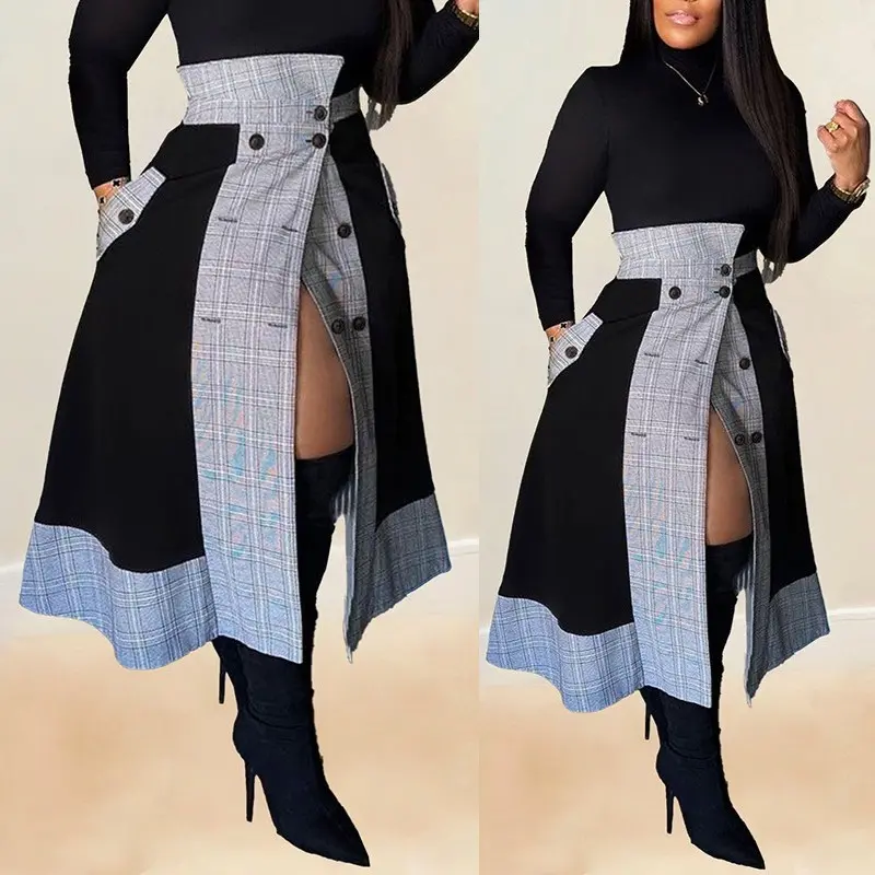 MOTIONKILLER Women's Fashion Plaid Combo Skirt - High-Waist, Button-Front, Mid-Length Polyester Blend