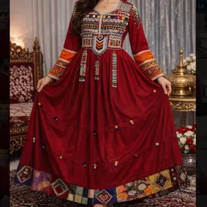 Afghan Traditional Embroidered Dress for Women – Red Handmade Ethnic Party Dress لباس افغانی به رنگ سرخ