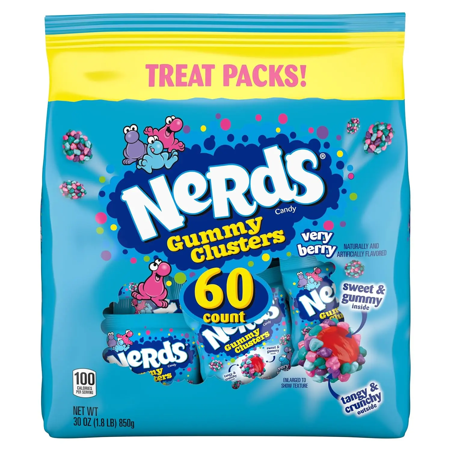 NERDS Gummy Clusters Sweet Snack, Very Berry Flavor, Crunchy-Gummy Texture, Individually Wrapped Treat-Size Packs, 60 Count, 30 oz Variety Chewy Gummy Candy
