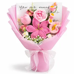Mother’s Day Gift, Handmade Crochet Lily Flower Bouquet with Pink & White Flowers, Graduation Gift, Birthday, Anniversary Gift for Her, Girlfriend, Wife, Friend, Includes Greeting Card, Romantic Decorative Arrangement