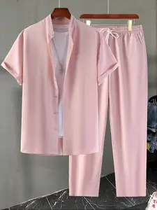 KZZ Men's Pink Loose Thin Solid Print Shirt & Drawstring Pocket Pants Set Full Sets Men Outfit Short Sleeve Button Down Plain Collared Shirt & Trousers Medium Size，FallFreshness christmas gifts for him