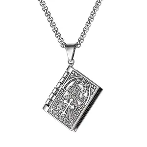 Gothic Creative Design Bible Page Cross Necklace Men and Women Couple Long Necklace