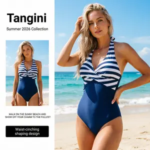 Women’s Navy White Color Block One Piece Swimsuit, Horizontal Stripe Wrap V Neck Self Tie Halter Top, Solid Navy Ruched Tummy Control High Cut Bathing Suit, Nautical Swimwear for Beach Cruise Pool Summer Vacation Photos