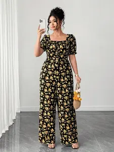Plus Size French Vintage Bardot One-Piece, Classic Gold Floral, High Waist Tie Front, Wide Leg Pants, Summer Vacation, Beach Party