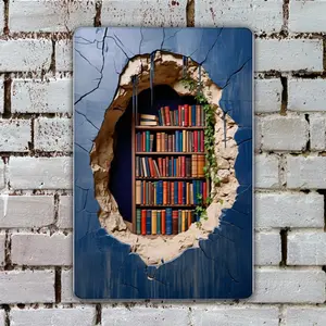 3D Bookshelf Wall Art Decal With Cracked Wall Effect For Home Decor And Reading Corner Design