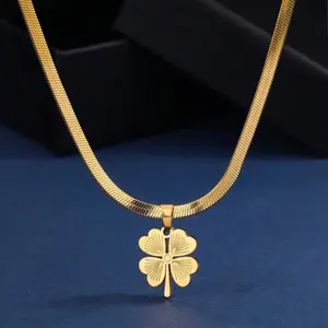 Classic and Luxurious 18K Gold Plated Stainless Steel Serpent Bone-Shaped Blade Chain with Lucky Clover Pendant for Women's Daily and Festival Wear