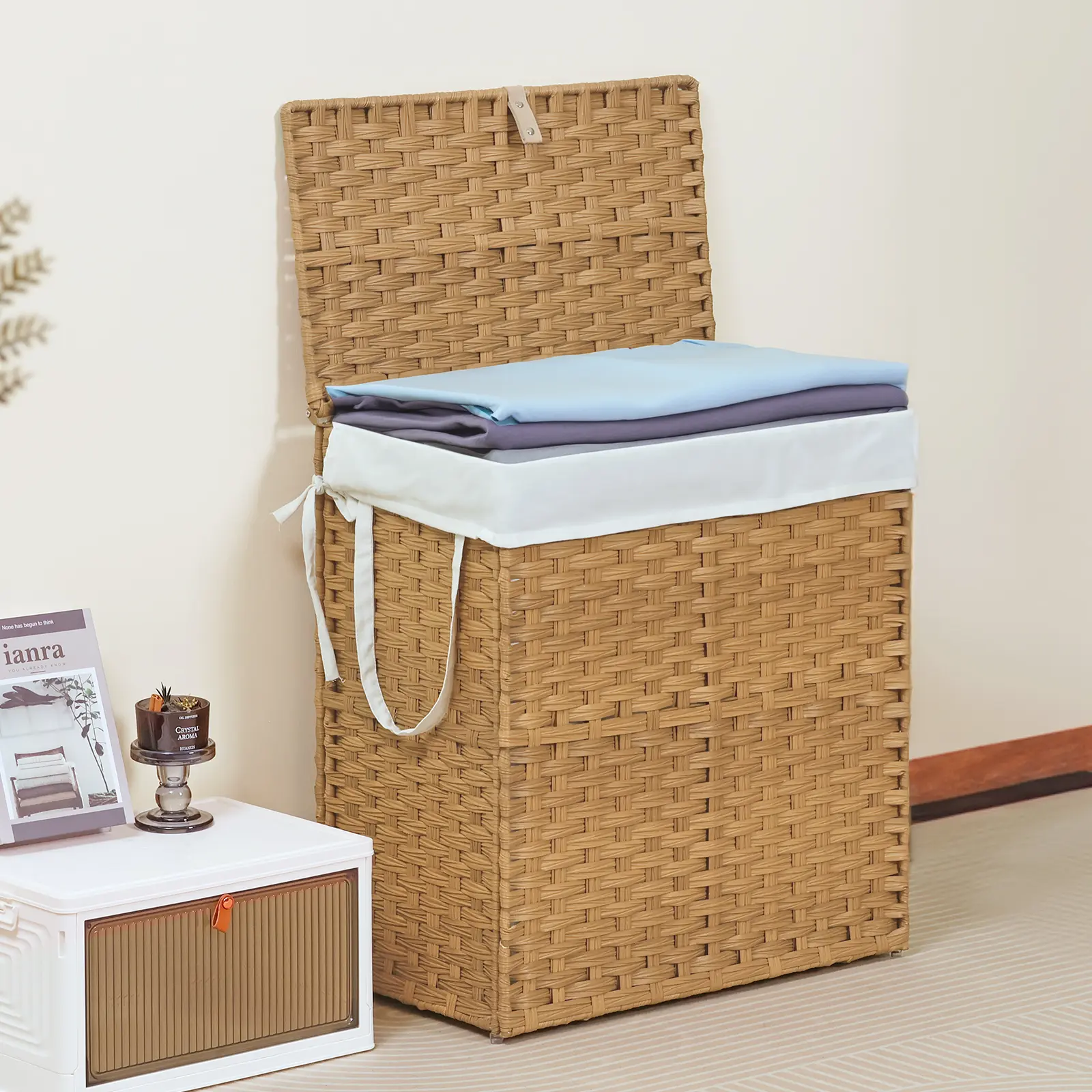 90L/110L Woven Rattan Laundry Hamper with Adjustable Lid, Foldable Steel Frame, Machine Washable Woven Storage Basket for Home, Bathroom