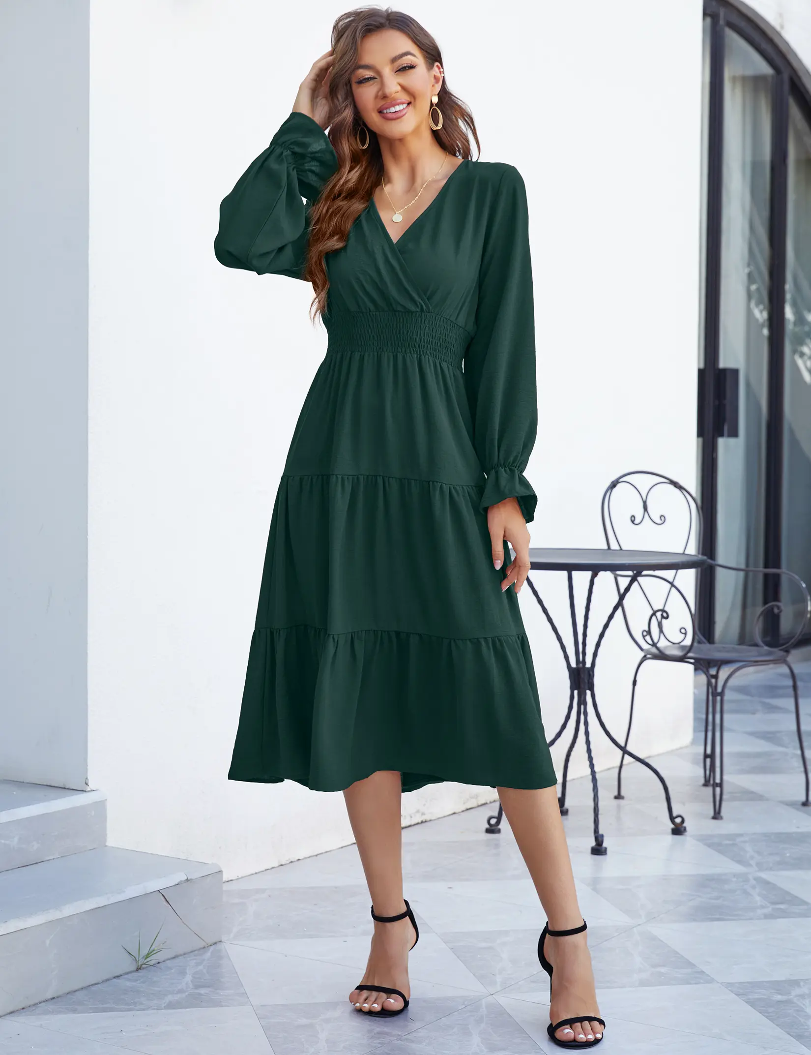 Women's Wrap V Neck Tiered Midi Dress, Long Ruffle Sleeve Smocked Waist A-Line Flowy Dress, Elegant Casual Dress for Fall Winter Wedding Guest Party Date, Dark Green Burgundy Multi Sizes-DTY summer   Flowy Dress