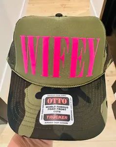 Wifey Neon Pink Puff Camo and Olive Trucker Hat