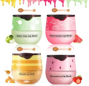 Bee Lip Balm Honey Pot, Honey, Strawberry, Watermelon, Apple Lime |Sleeping Lip Mask Overnight with Sticks, Exfoliating Prevention Dry and Crack Lip Scrub