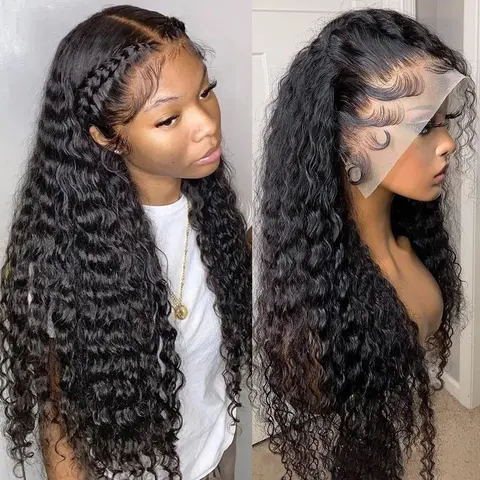 ROZILO 13x6 Deep Wave Lace Front Wigs Human Hair 30 Inch Curly Human Hair Wig for Women Natural Black HD Transparent Lace  Frontal Wigs Human Hair Pre Plucked