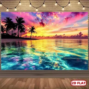 1PC,2D Flat Banner Colorful Sea View Coconut Tree Tapestry, Sunset Beach Theme Wall Hanging, Decorative Backdrop for Bedroom, Living Room, Dormitory Renovation, Perfect for Creating a Tropical Vacation Atmosphere at