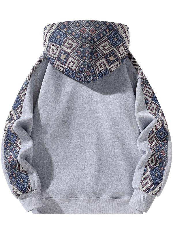 Unisex Retro Ethnic Patchwork Half Zip Hoodie, Casual Comfy Regular Fit Long Sleeve Pullover for Fall & Winter Daily Wear