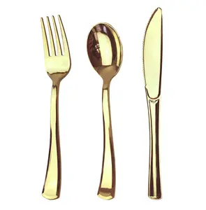 JL Prime 75 Gold Plastic Silverware Set, Gold Plastic Cutlery Set, Heavy Duty Utensils for Party & Wedding, Disposable Gold Flatware, 25 Plastic Forks, 25 Plastic Spoons, 25 Plastic Knives Reusable Sturdy