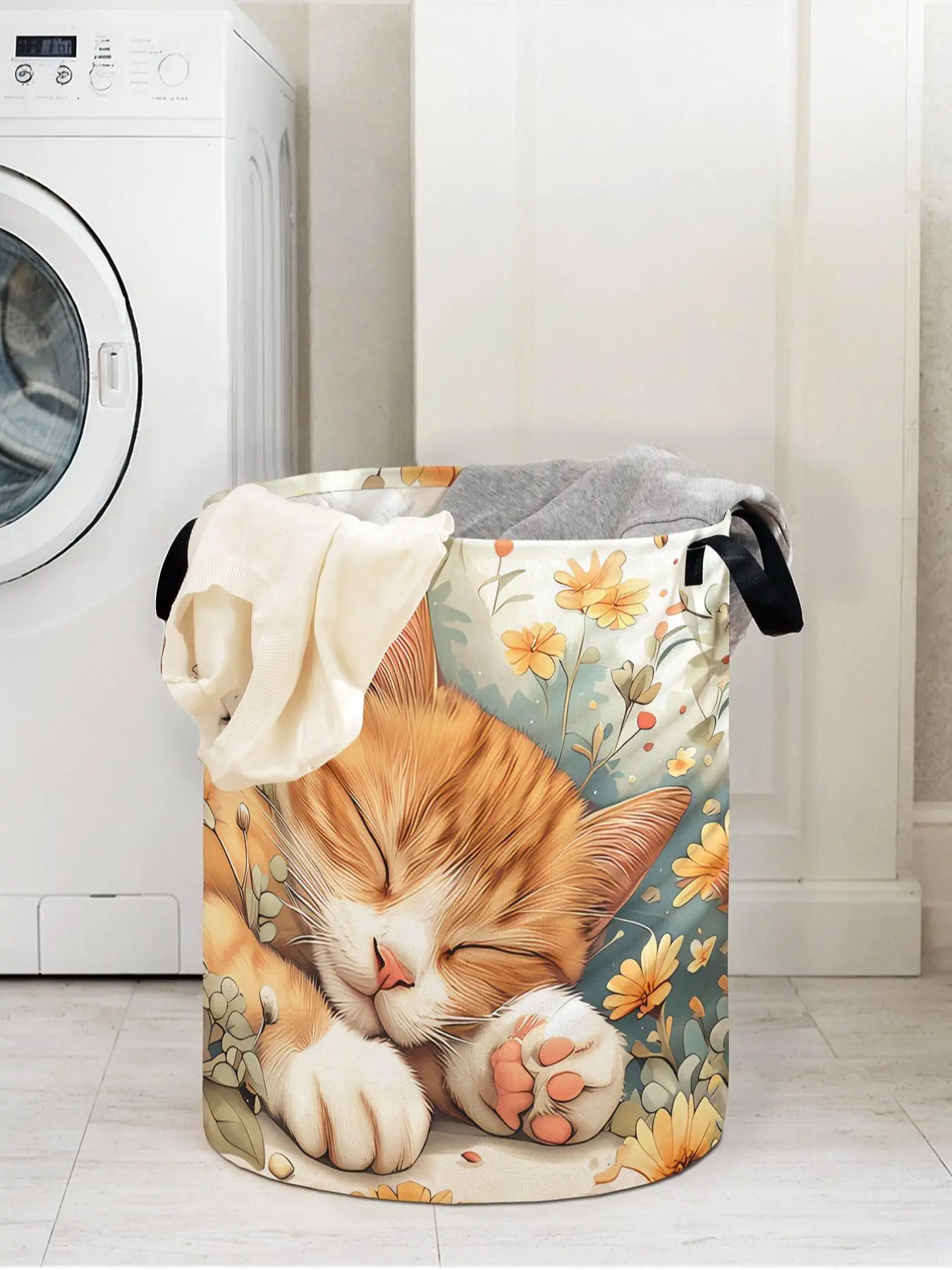 Cat Pattern Printed Laundry Basket with Handle, Collapsible Laundry Hamper, Folding Laundry Bin, Folding Laundry Basket, Durable Foldable Large Capacity Hamper for Dirty Clothes and Toy Storage, Stylish Home Organizer
