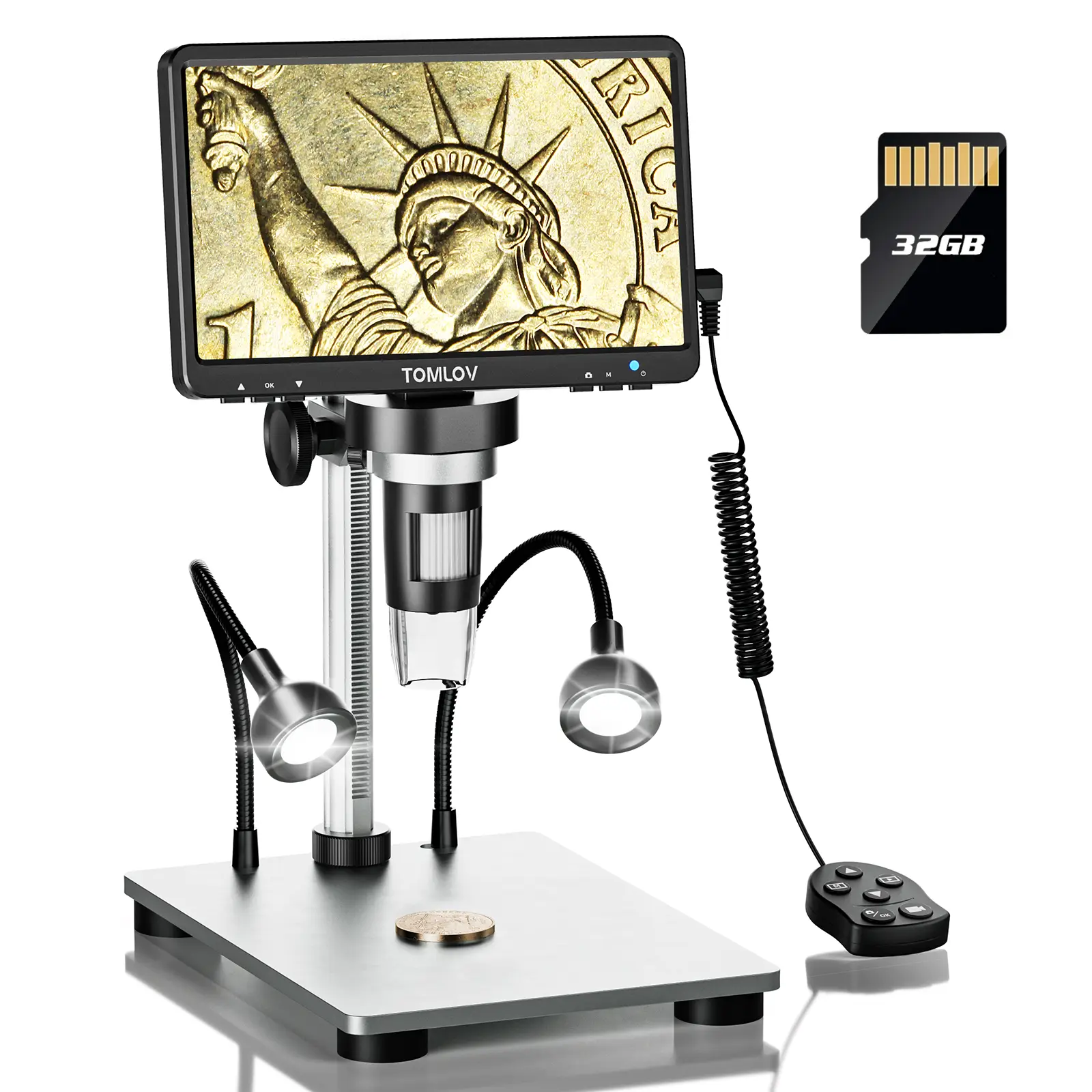 TOMLOV DM9 7" LCD Digital Microscope 1200X 1080P Coin Microscope Magnifier, 12MP Ultra-Precise Focusing Soldering Microscope for Adult, PC View, 32GB