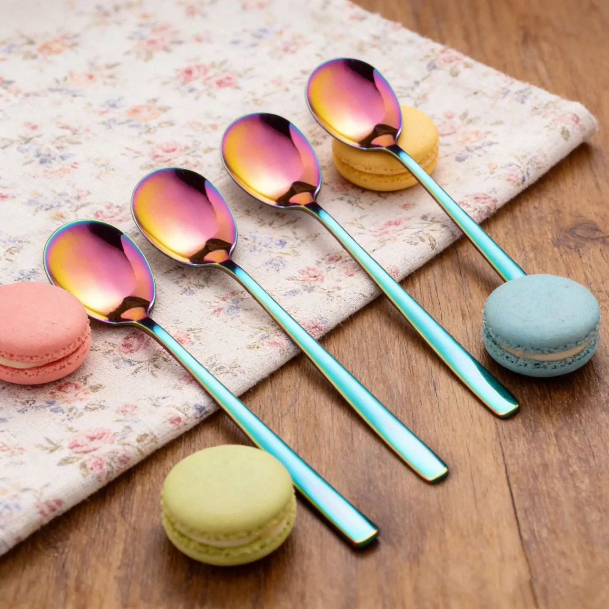 4PCS Iridescent Stainless Steel Soup Spoon Set - Rainbow Design Utensils, Durable Mirror Polished Cutlery for Easter Home Kitchen & Cafe Use, Aesthetic Coffee & Dessert Spoons