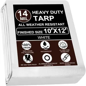 Tarp  10x12 Ft Heavy Duty Tarp Thicker 14 Mil Large Tarps with Grommets and Reinforced Edges, UV Resistant &Fade Resistant Plastic Tarp for Outdoor Camping Roof Pool Tent, White