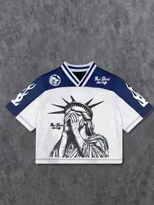 Men's Statue Of Liberty & Letter Print Short Sleeve Tee, Regular Fit Casual Fashion Round Neck T-shirt for Summer, Men's Top for Daily Wear, Menswear, Socks