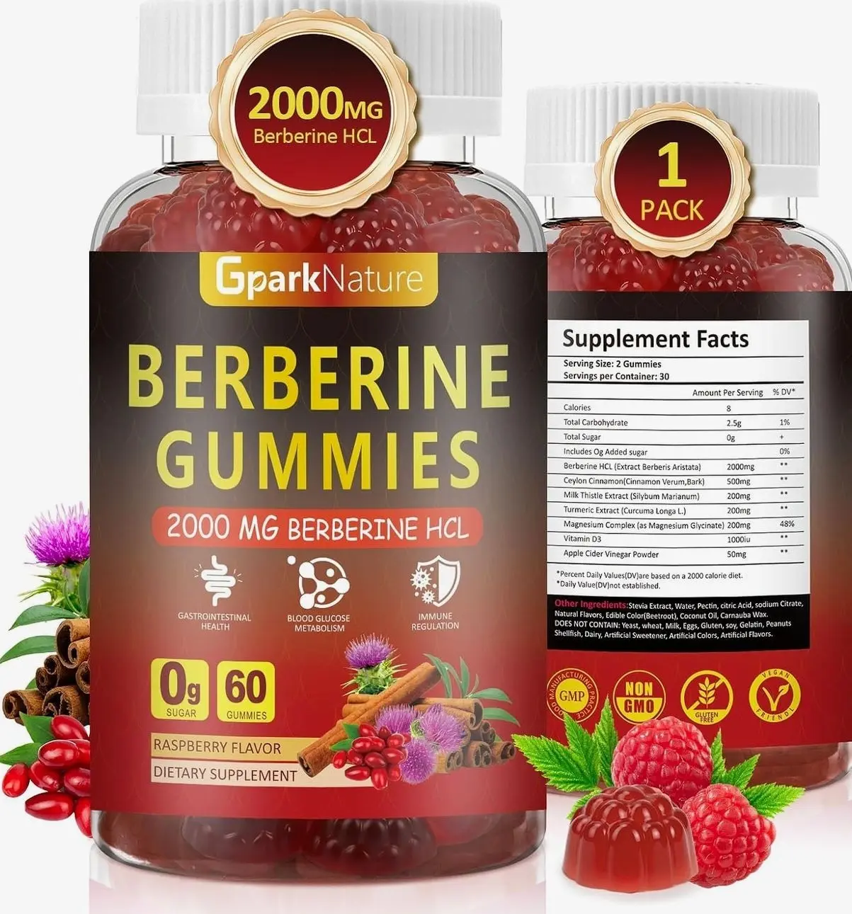 Berberine Gummies 2000 mg, Berberine Supplement with Ceylon Cinnamon, Turmeric, Milk Thistle, Magnesium, Chromium for Immune Support, Sugar Free, Vegan, Raspberry Flavor, 60 Count-1 Pack