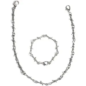 Punk Gothic Thorns Metal Barbed Wire Chain Necklace Bracelet Silver Jewelry for Men Women