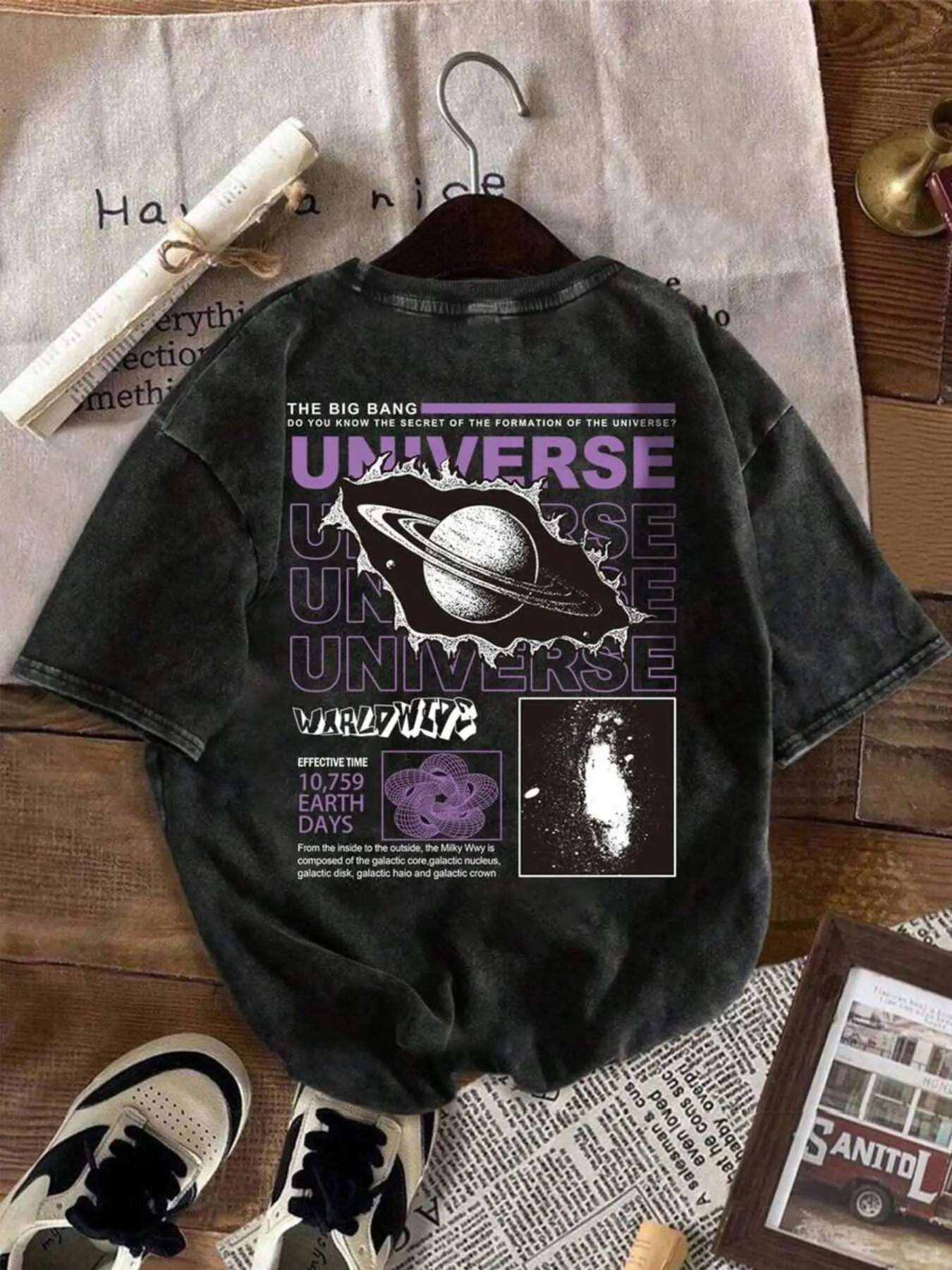 Unisex Cotton Tank Top, Vintage Washed 'big Bang Universe' Print, Saturn Planet Design, Loose Fit, Casual Street Style, Streetwear, All Seasons Comfortable Tee