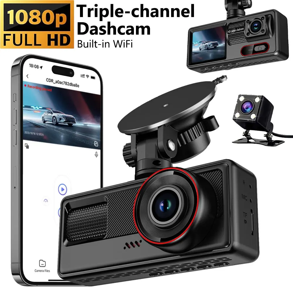 3 Channel HD Dash Cam Front and Rear Camera with WiFi APP, G-Sensor, Loop Recording, Car DVR Black Box - Vehicle Driving Recorder