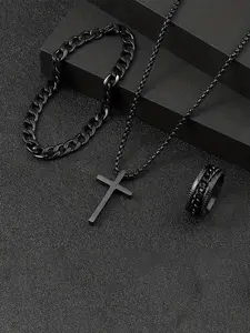 Men's Punk Hip Hop Cross Necklace & Curb Chain Bracelet & Ring, Fashionable Jewelry Set for Party, Daily Decor, Trendy All-match & Exquisite Jewelry for Birthday Gift
