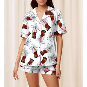 Coke Coquette Print Satin Pajama Set For Women,Two-Piece Set, Loungewear Pjs Set, Sleepwear Fall, Nightwear, Clean Look, Goes