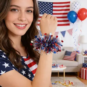 250th Anniversary of American Independence Day Colorful Ribbon Wrist Flower Holiday Decoration Round Piece Pentagram Tinsel Ribbon Bracelet Flower