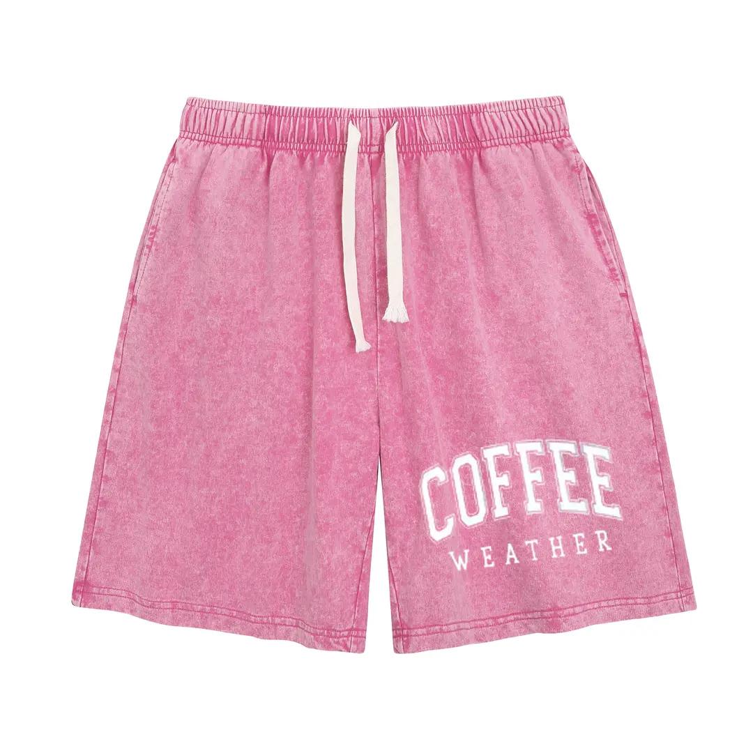 Unisex Vintage Print Acid Washed Sweat Shorts, Breathable Cotton Casual Shorts with Elastic Waist and Functional Pockets baggy comfy