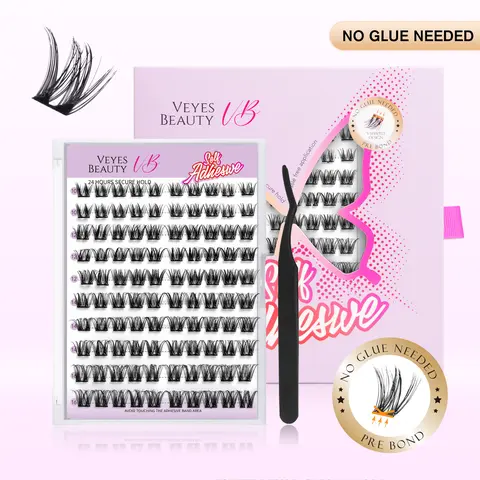 VEYESBEAUTY Luxe Duo Self-Adhesive False Eyelashes - Self Adhesive Lashes, Soft Wispy Natural Chic Styles, Transparent Glue, Upgraded Invisible Band, Polybutylene Terephthalate Fiber, Natural Finish