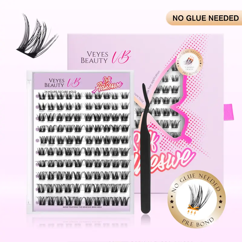 VEYESBEAUTY Luxe Duo Self-Adhesive False Eyelashes - Self Adhesive Lashes, Soft Wispy Natural Chic Styles, Transparent Glue, Upgraded Invisible Band, Polybutylene Terephthalate Fiber, Natural Finish