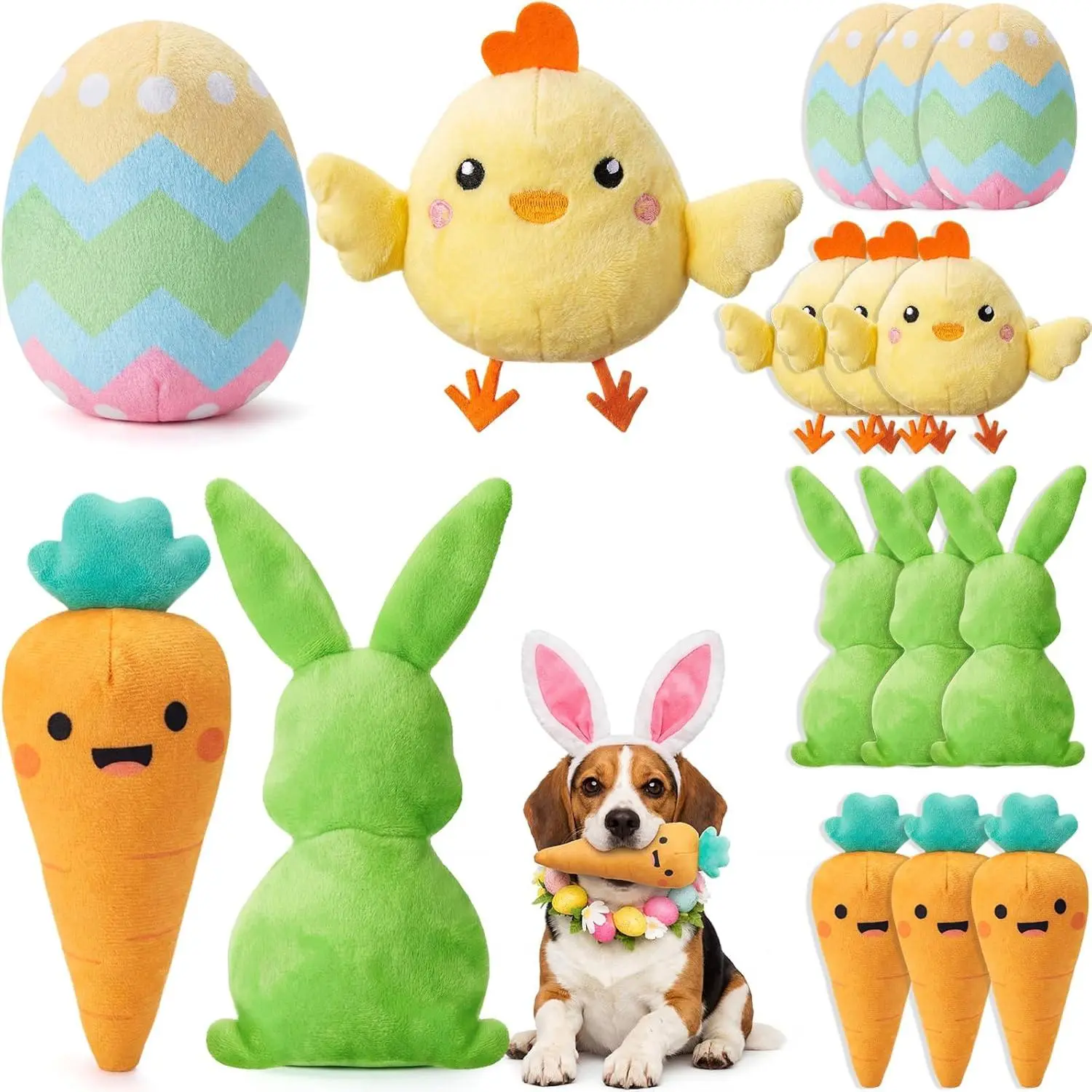 Civaner 12-Piece Fabric Squeaky Dog Toys Bulk - Cute Garden-Themed Plush Bunny, Carrot, 4.7 Inches Easter Eggs, Chicken Stuffed Toys for Small-Medium Dogs, Interactive Soft Chew Playthings for Everyday Surprises & Training, 12 Pcs