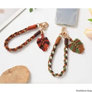 Ins Style Handmade Crochet Phone Lanyard Tassel Leaf Wrist Strap Phone Chain Bag Charm Strap Decorative Accessory Adjustable Fashion Mobile Holder Strap