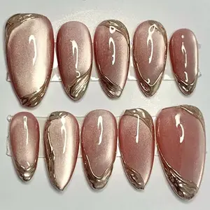 Champagne Glaze Nude Press On Nails, Rose Gold Metallic Accent Fake Nails