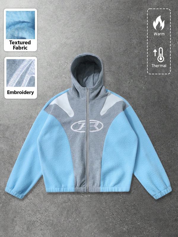 Unisex Graphic Print Hoodie Jacket With Fleece Lining, Patchwork Design, Suitable For Autumn/Winter